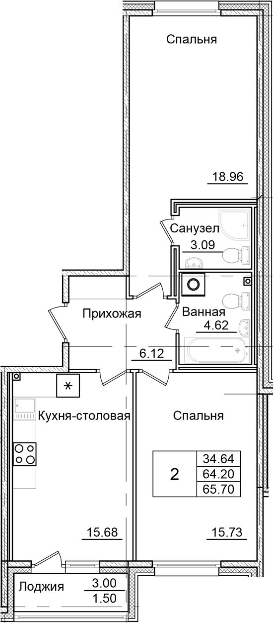 Планировка — Квартал Заречье, 2-комн., 64 м²