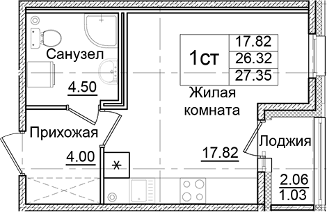 Планировка — Квартал Заречье, Студия, 26 м²