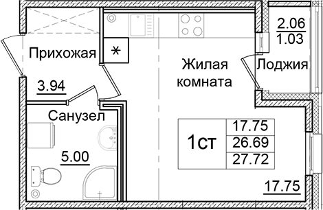 Планировка — Квартал Заречье, Студия, 27 м²