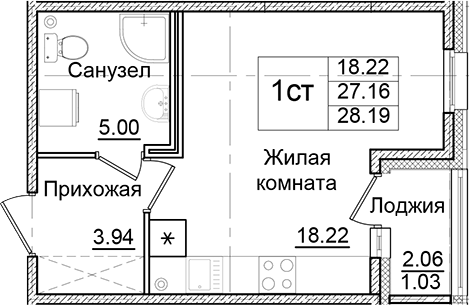 Планировка — Квартал Заречье, Студия, 27 м²