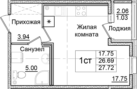 Планировка — Квартал Заречье, Студия, 27 м²