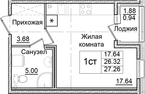 Планировка — Квартал Заречье, Студия, 26 м²
