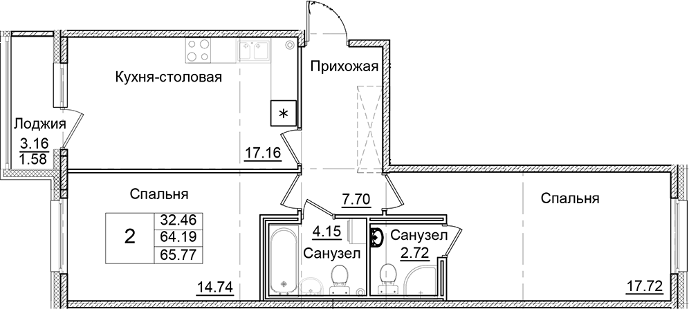 Планировка — Квартал Заречье, 2-комн., 64 м²