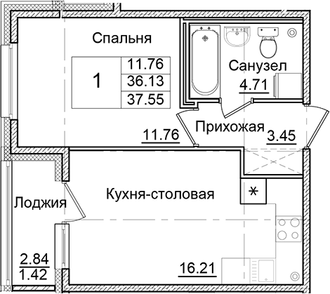Планировка — Квартал Заречье, 1-комн., 36 м²