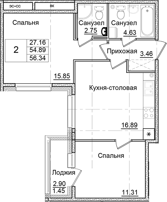 Планировка — Квартал Заречье, 2-комн., 55 м²