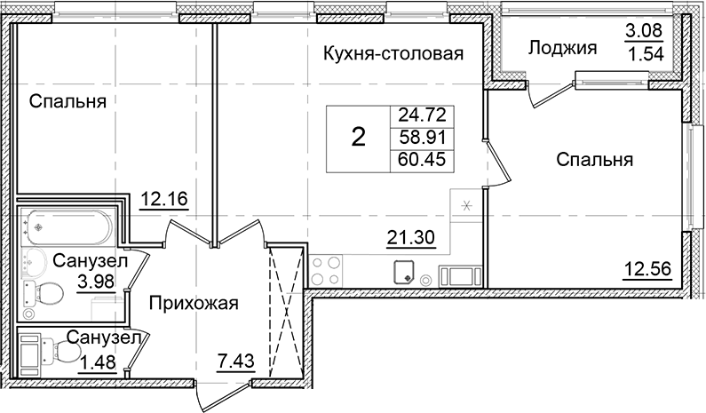 Планировка — Квартал Заречье, 2-комн., 59 м²