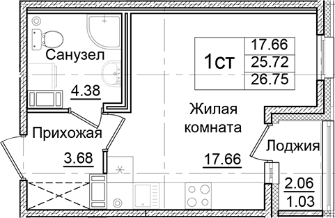 Планировка — Квартал Заречье, Студия, 26 м²