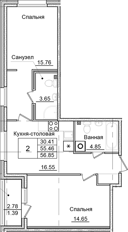 Планировка — Квартал Заречье, 2-комн., 55 м²