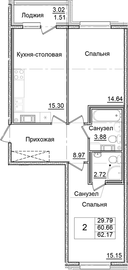 Планировка — Квартал Заречье, 2-комн., 61 м²