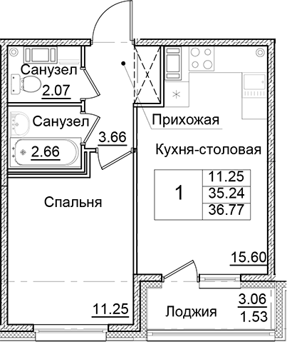 Планировка — Квартал Заречье, 1-комн., 35 м²