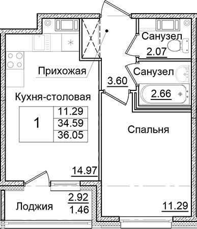Планировка — Квартал Заречье, 1-комн., 35 м²