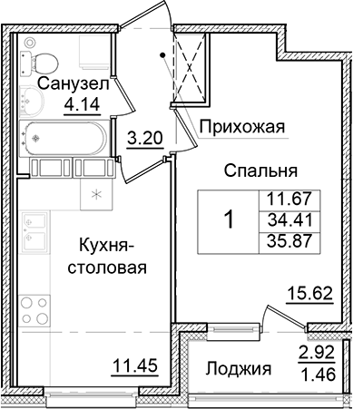 Планировка — Квартал Заречье, 1-комн., 34 м²