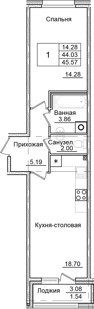 Планировка — Квартал Заречье, 1-комн., 44 м²