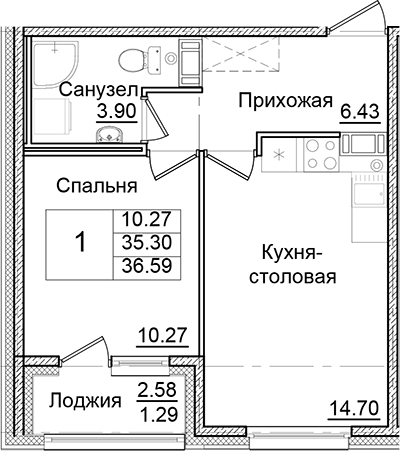 Планировка — Квартал Заречье, 1-комн., 35 м²