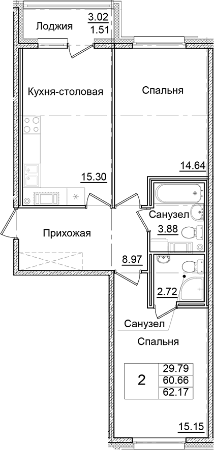Планировка — Квартал Заречье, 2-комн., 61 м²