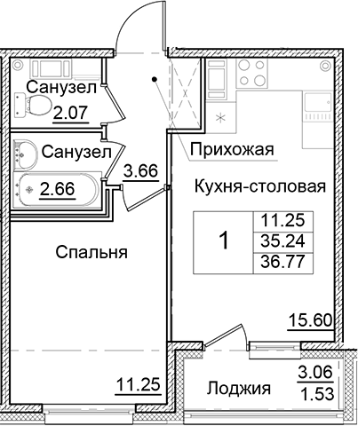 Планировка — Квартал Заречье, 1-комн., 35 м²