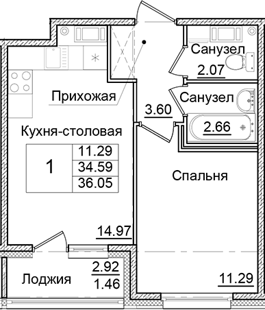 Планировка — Квартал Заречье, 1-комн., 35 м²