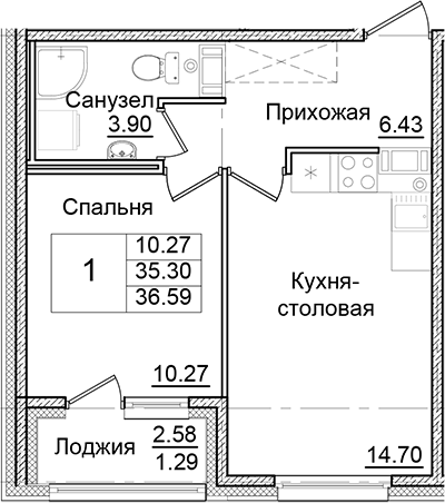 Планировка — Квартал Заречье, 1-комн., 35 м²