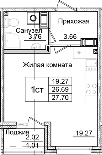 Планировка — Квартал Заречье, Студия, 27 м²