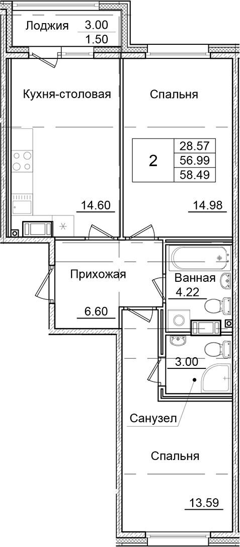 Планировка — Квартал Заречье, 2-комн., 57 м²