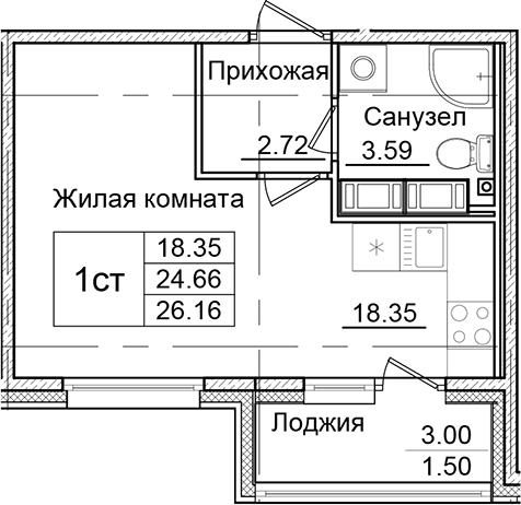 Планировка — Квартал Заречье, Студия, 25 м²