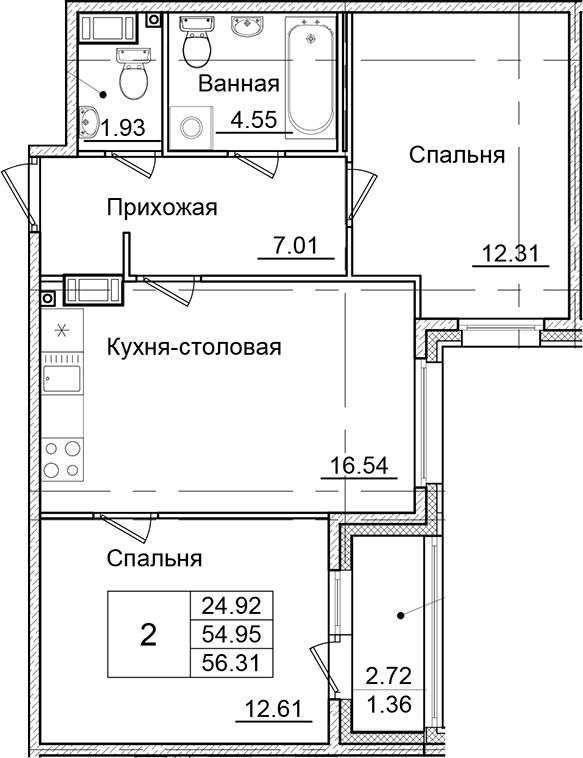 Планировка — Квартал Заречье, 2-комн., 55 м²