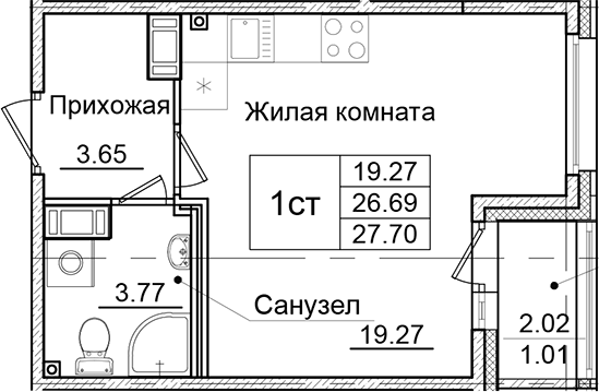 Планировка — Квартал Заречье, Студия, 27 м²