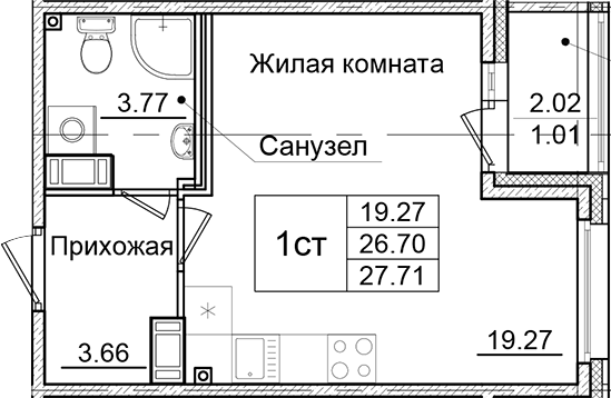 Планировка — Квартал Заречье, Студия, 27 м²