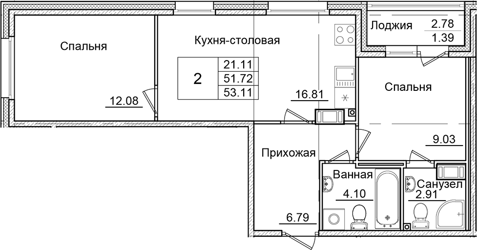 Планировка — Квартал Заречье, 2-комн., 52 м²