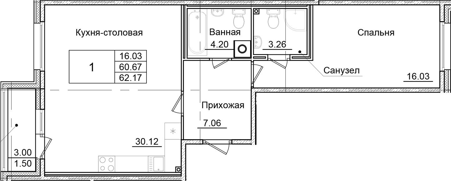 Планировка — Квартал Заречье, 1-комн., 61 м²
