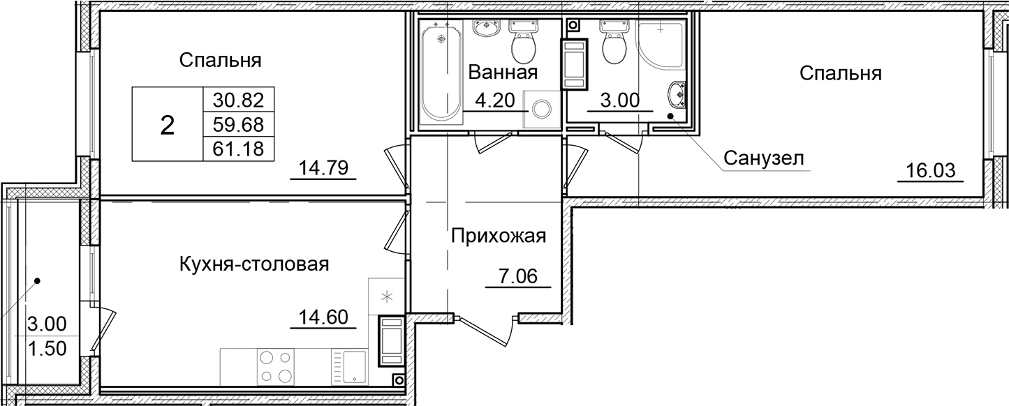 Планировка — Квартал Заречье, 2-комн., 60 м²