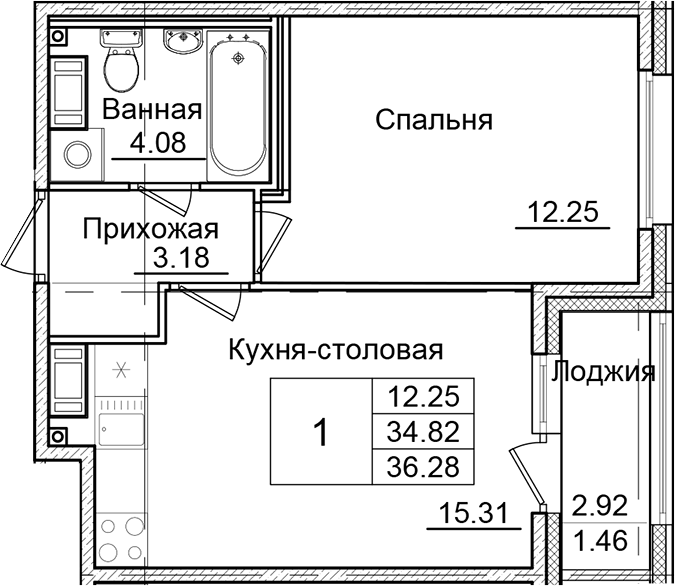 Планировка — Квартал Заречье, 1-комн., 35 м²