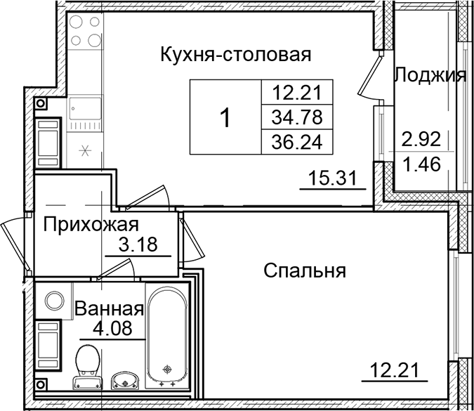 Планировка — Квартал Заречье, 1-комн., 35 м²
