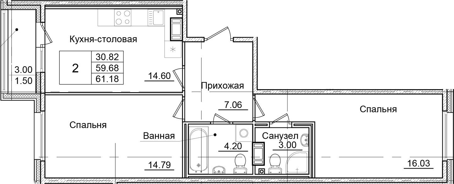 Планировка — Квартал Заречье, 2-комн., 60 м²