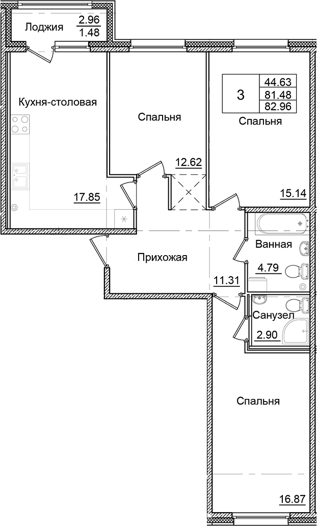 Планировка — Квартал Заречье, 3-комн., 81 м²