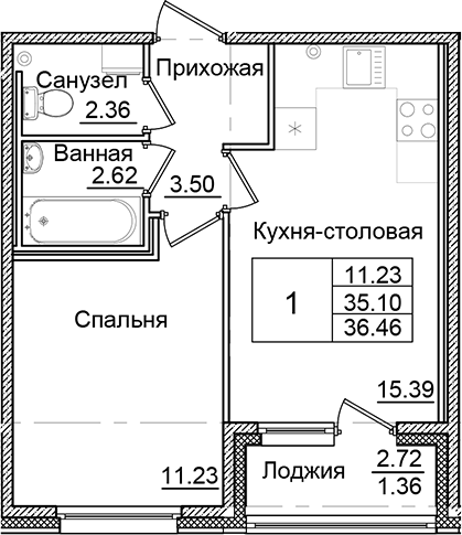 Планировка — Квартал Заречье, 1-комн., 35 м²