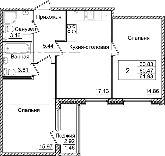 Планировка — Квартал Заречье, 2-комн., 60 м²