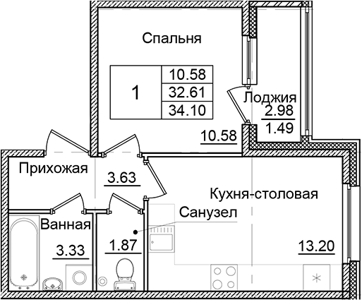 Планировка — Квартал Заречье, 1-комн., 33 м²