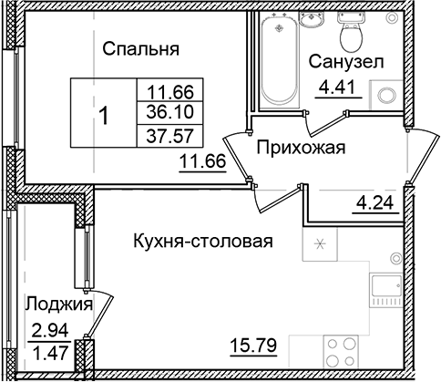 Планировка — Квартал Заречье, 1-комн., 36 м²