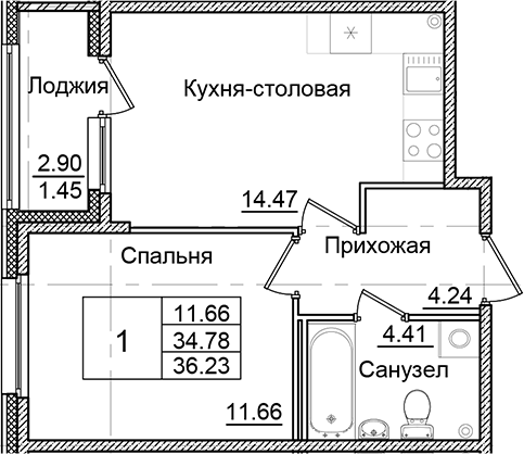 Планировка — Квартал Заречье, 1-комн., 35 м²