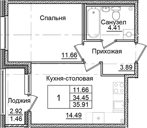 Планировка — Квартал Заречье, 1-комн., 34 м²