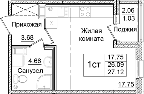 Планировка — Квартал Заречье, Студия, 26 м²