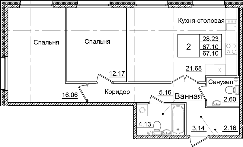Планировка — Квартал Заречье, 2-комн., 67 м²