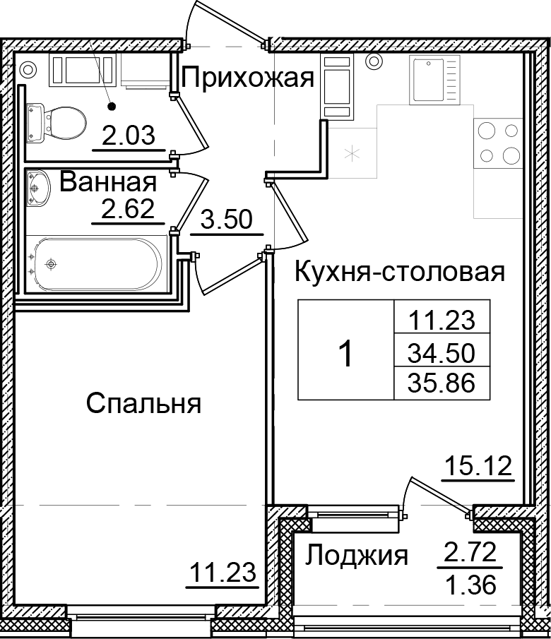Планировка — Квартал Заречье, 1-комн., 35 м²