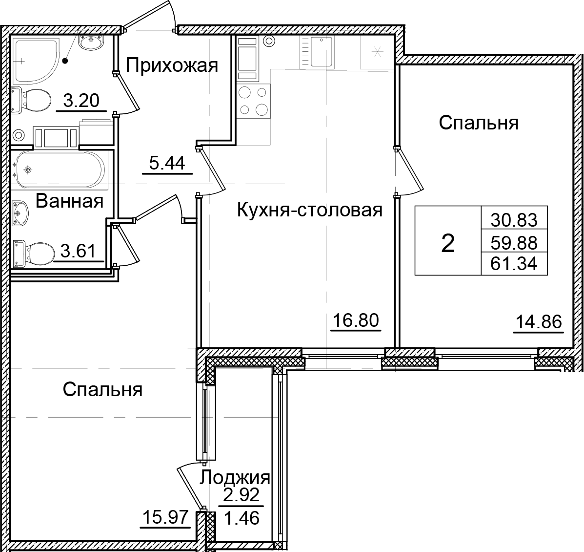 Планировка — Квартал Заречье, 2-комн., 60 м²