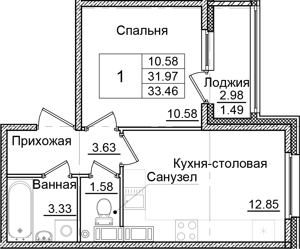Планировка — Квартал Заречье, 1-комн., 32 м²