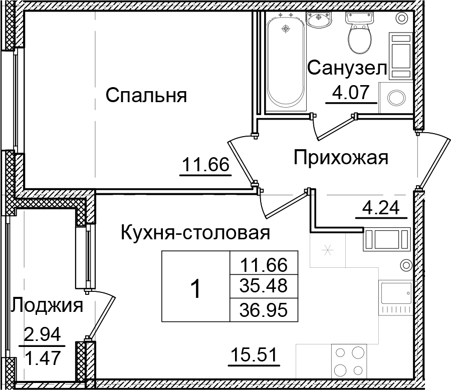 Планировка — Квартал Заречье, 1-комн., 35 м²