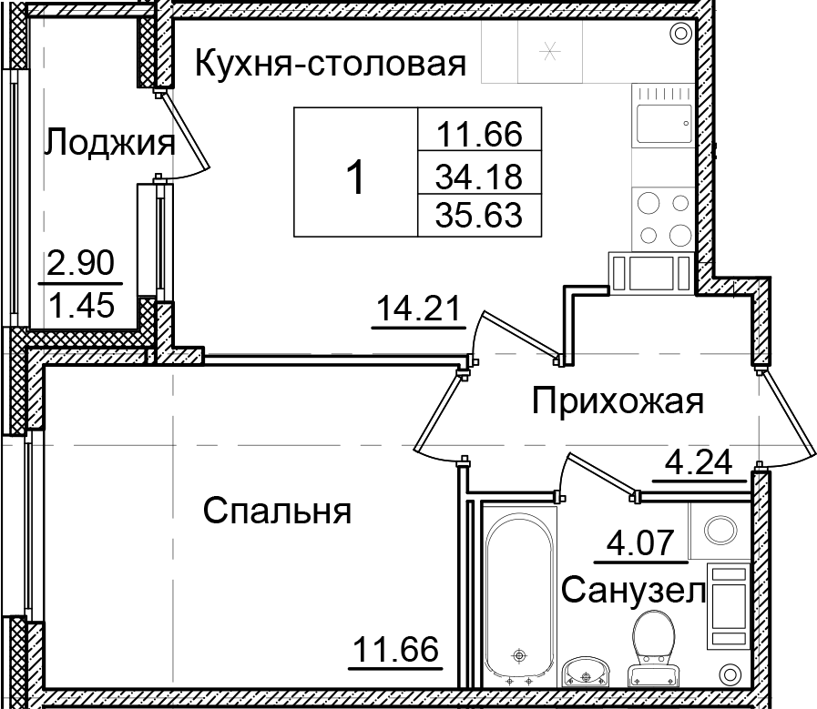 Планировка — Квартал Заречье, 1-комн., 34 м²