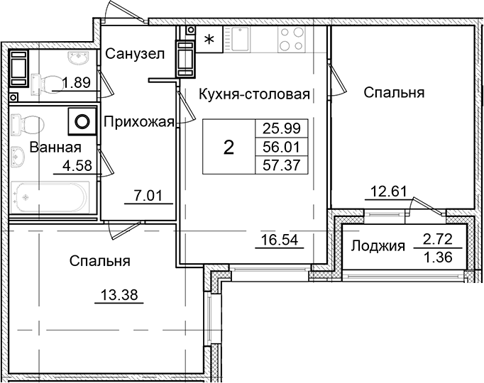 Планировка — Квартал Заречье, 2-комн., 56 м²