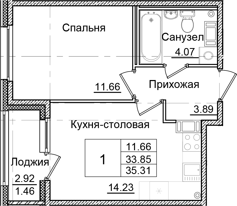 Планировка — Квартал Заречье, 1-комн., 34 м²
